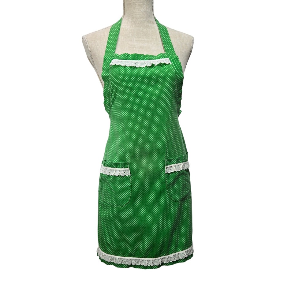 Vintage Handmade Apron Green Polka Dot Baking One Size Retro Tie Back 1026